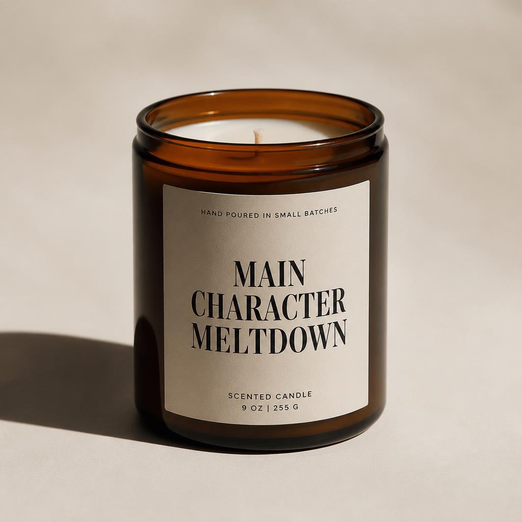 Main Character Meltdown. Black wax. Smoked cedar. Subtle moral failing.